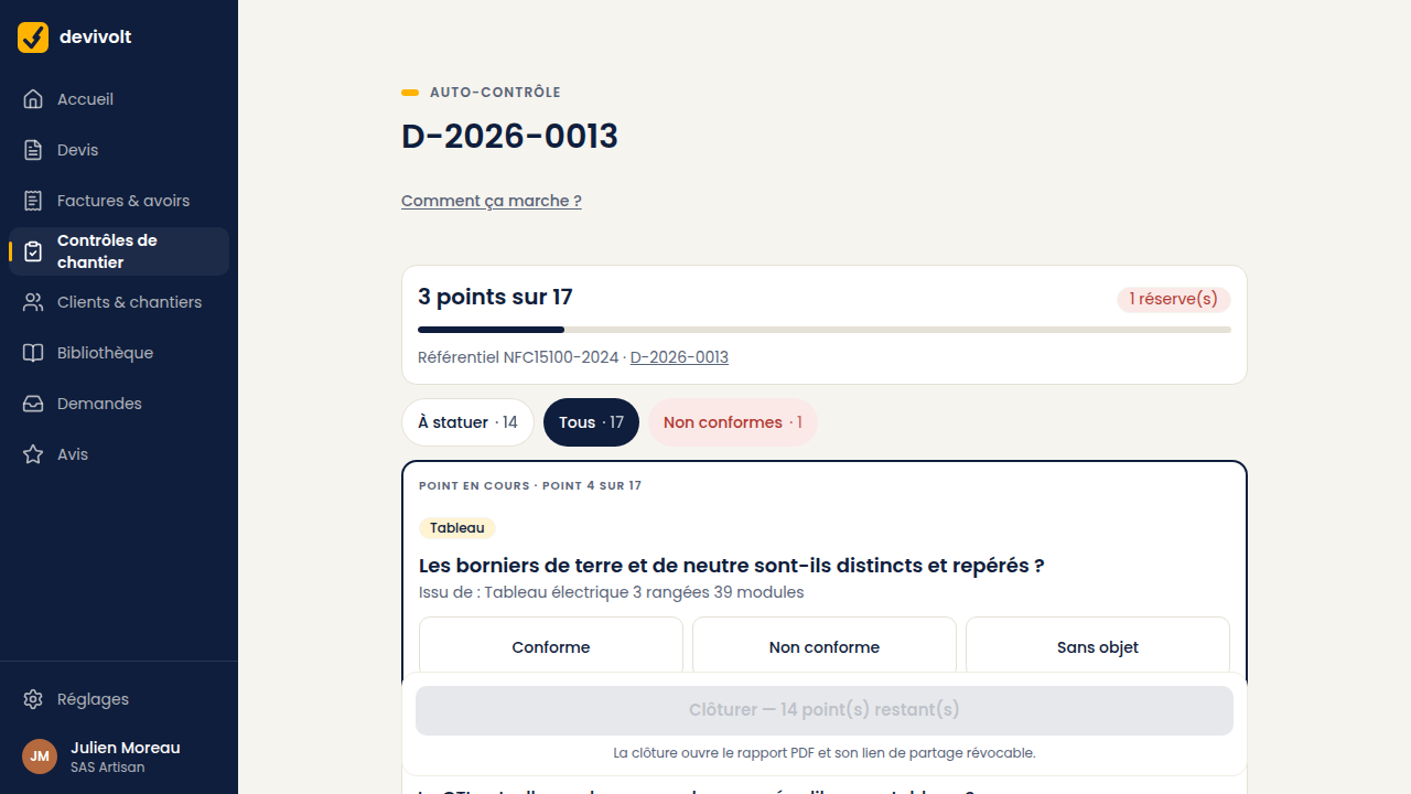 Un contrôle en cours : points conformes, une réserve notée