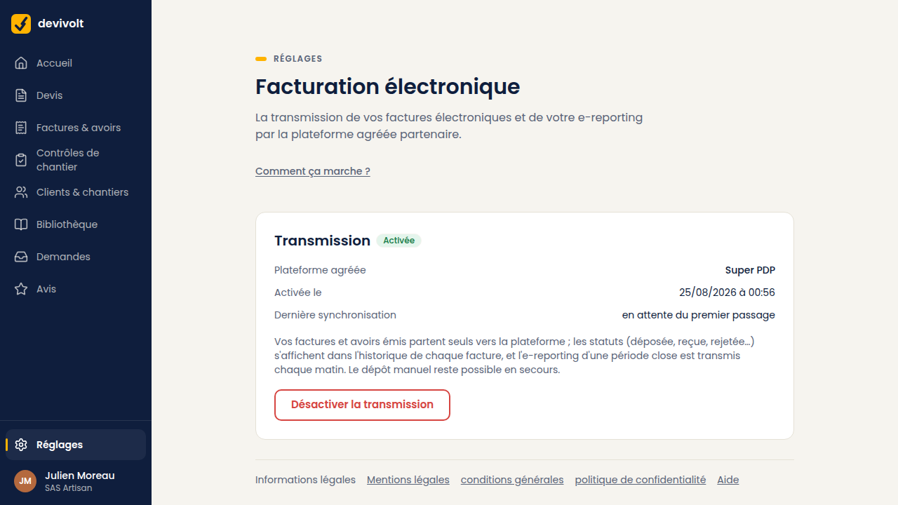 L’écran Facturation électronique, transmission activée vers la plateforme agréée
