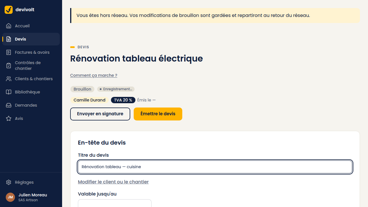 Un brouillon modifié hors réseau : la saisie est gardée et repartira au retour du réseau