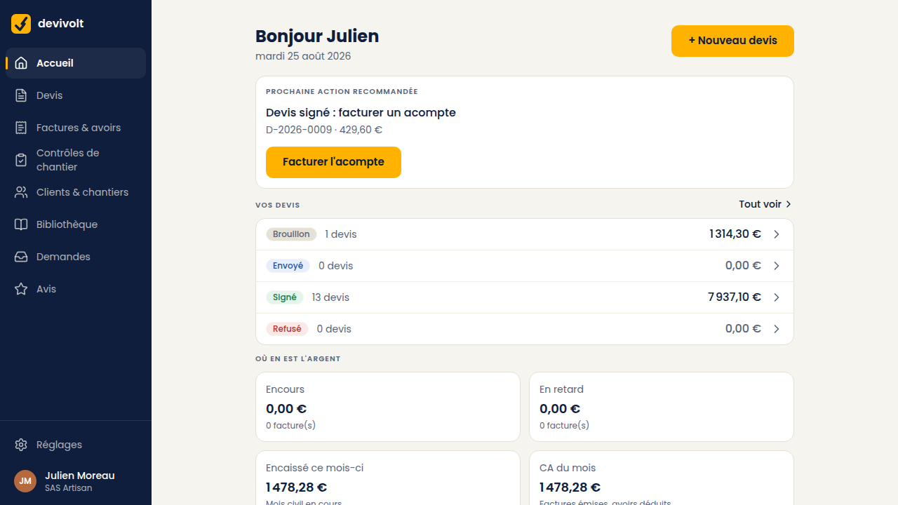 L’accueil de l’espace pro : devis par statut, encours et prochaines actions